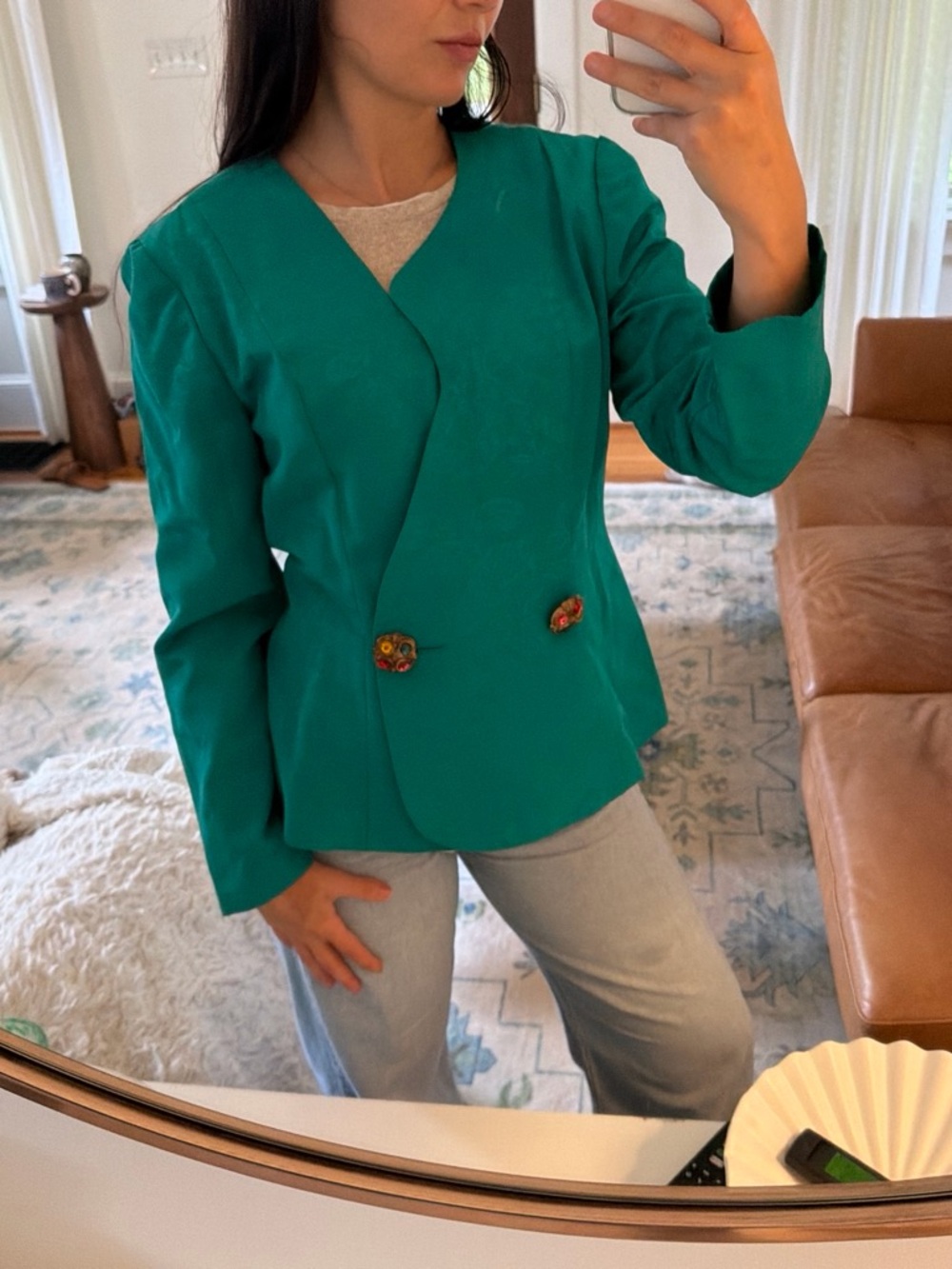 Leslie Fay Teal Green Tailored Blazer with Decorative Buttons